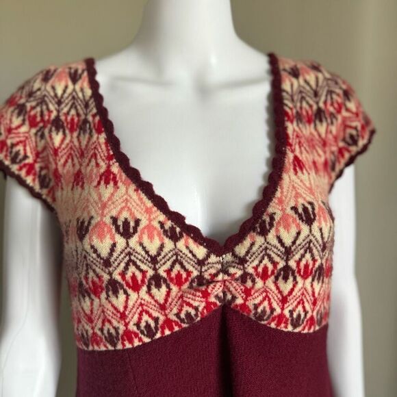 Free People Burgundy Nordic Fair Isle Wool Blend  Sweater Dress Size L - Picture 2 of 7
